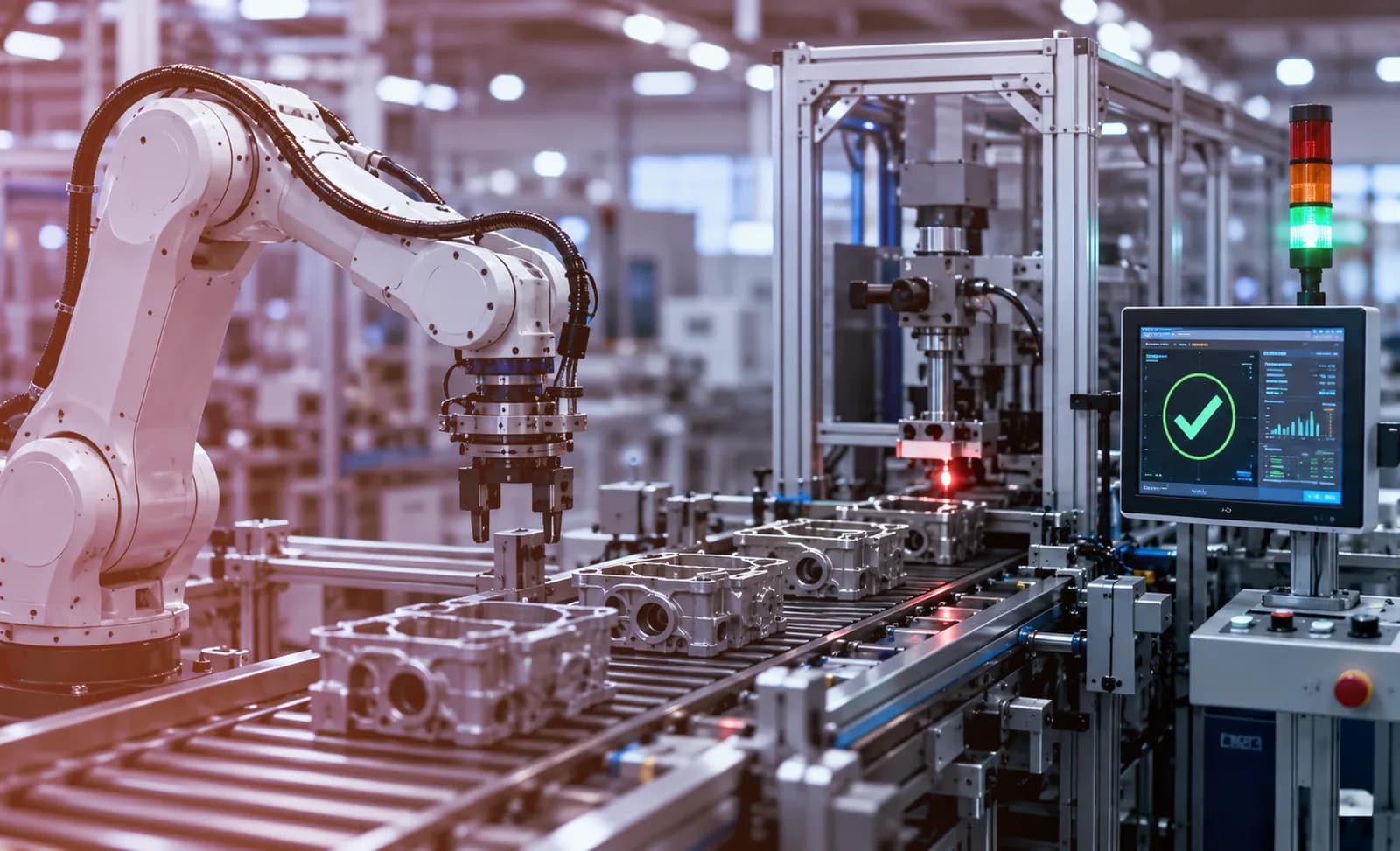 Automated inspection robot on a production line with a quality-check monitor showing a pass result
